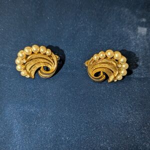 Trifari Gold-Tone Swirl Earrings with Pearl Accents